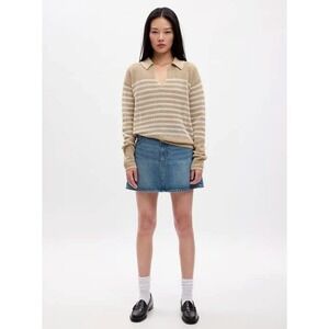 GAP Crochet Polo Sweater Tan White Striped Long Sleeve V-Neck Cotton Open Knit S